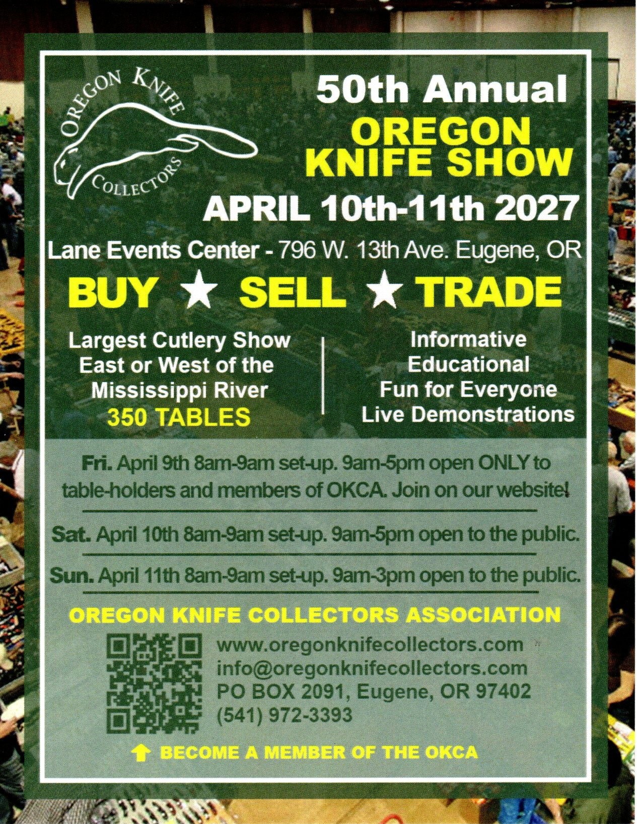Flyer: 50th Annual Oregon Knife Show, April 10–11, 2027, Lane Events Center, Eugene