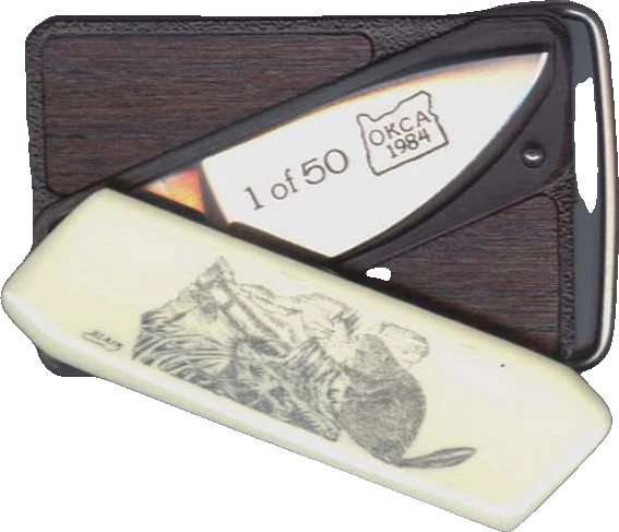 1984 OKCA club knife: Gerber Touche - Beaver Scrimshaw